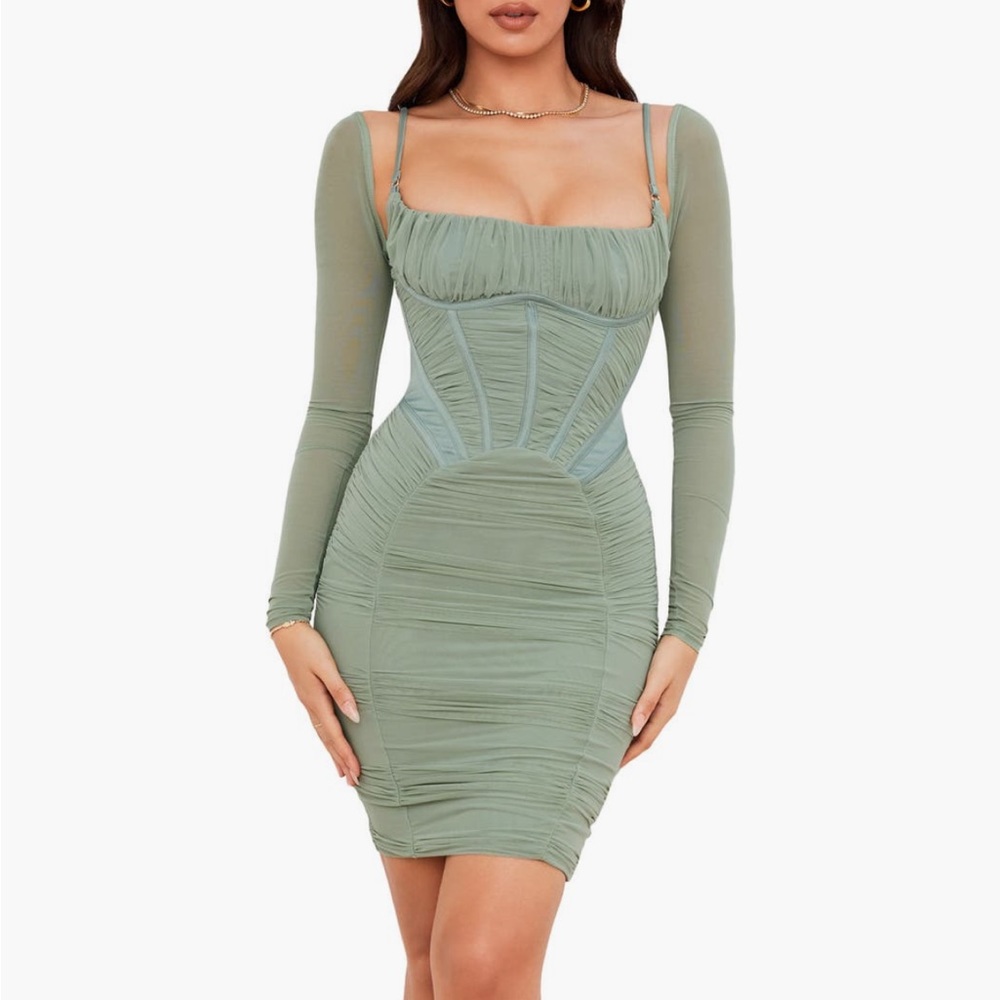 NWT House of CB Freyja Satin Ruched Long Sleeve Body-Con Sage Green Mini Dress